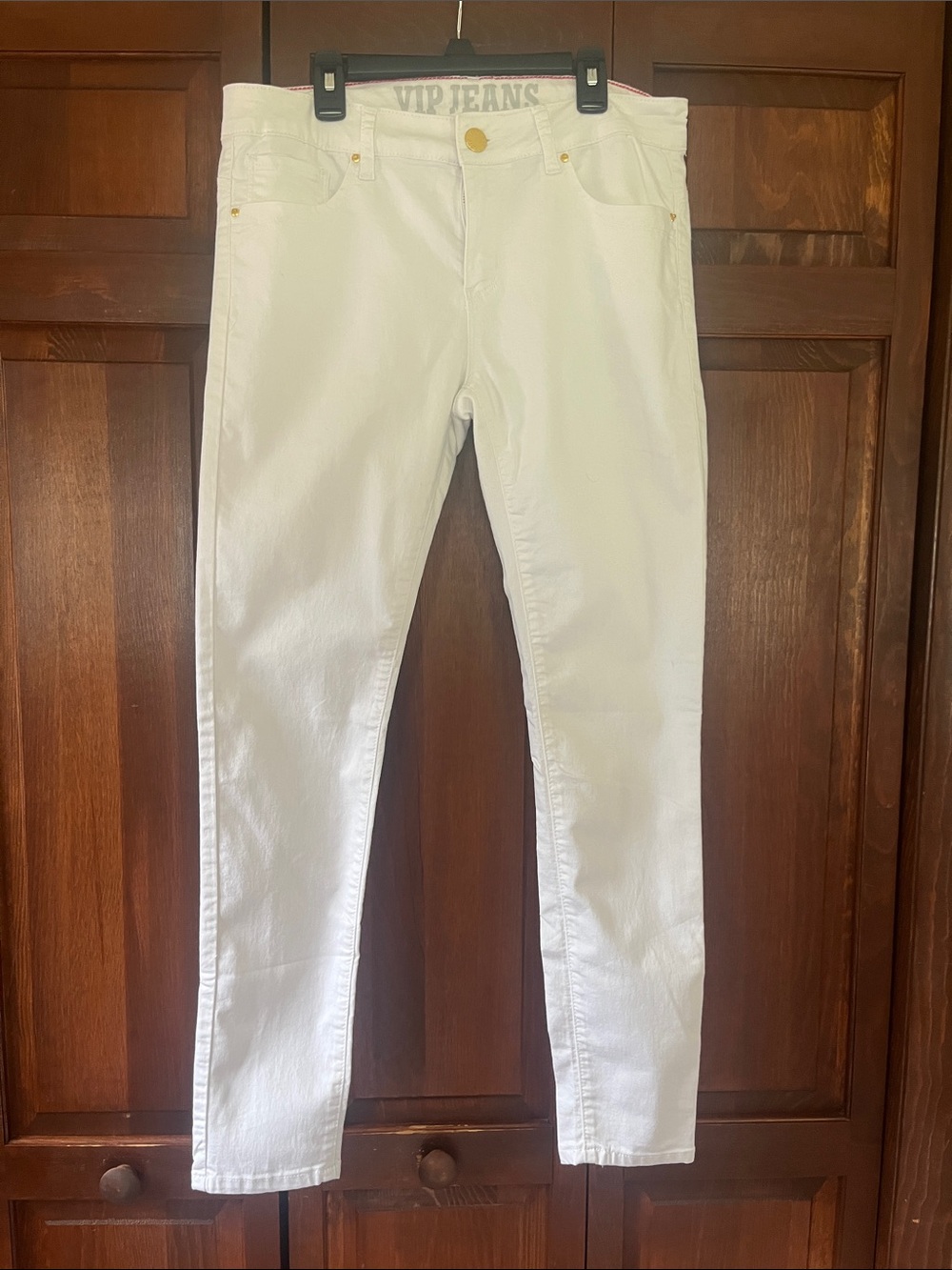 VIP White Skinny Jeans with Gold Hardware